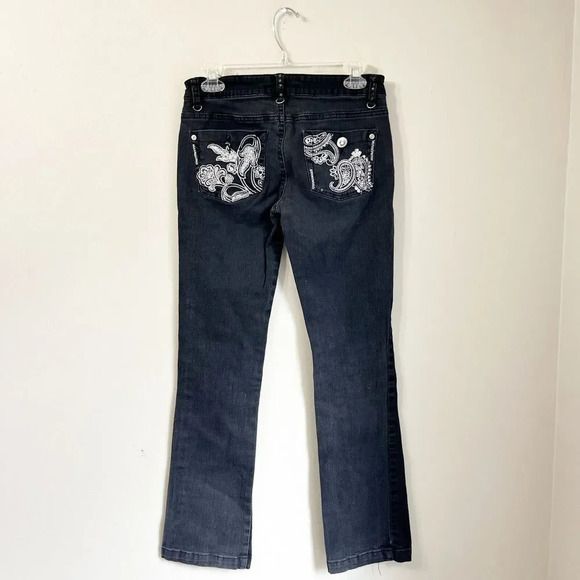 Joujou Women Dark Gray Bootcut Jeans 7/8 Medium Wash Embroidered Paisley Pockets - Picture 4 of 12